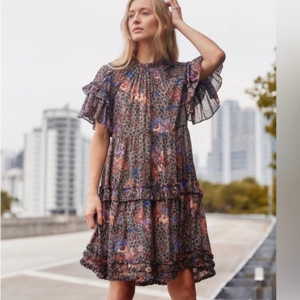 Ulla Johnson Midi Ruffle Floral Delia Jet Sunburst Floral Dress Size 2